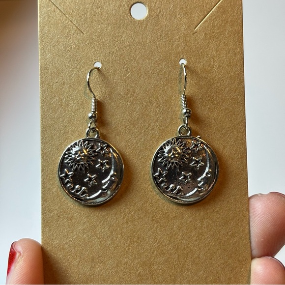 Sun Moon Stars Silvertone Crescent Moon Sun Dangle Earrings Cosmic Moon Jewelry - Picture 1 of 8